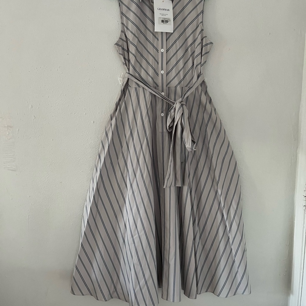 GrammarSleeveless Striped Midi Dress in Light Gray and Navy